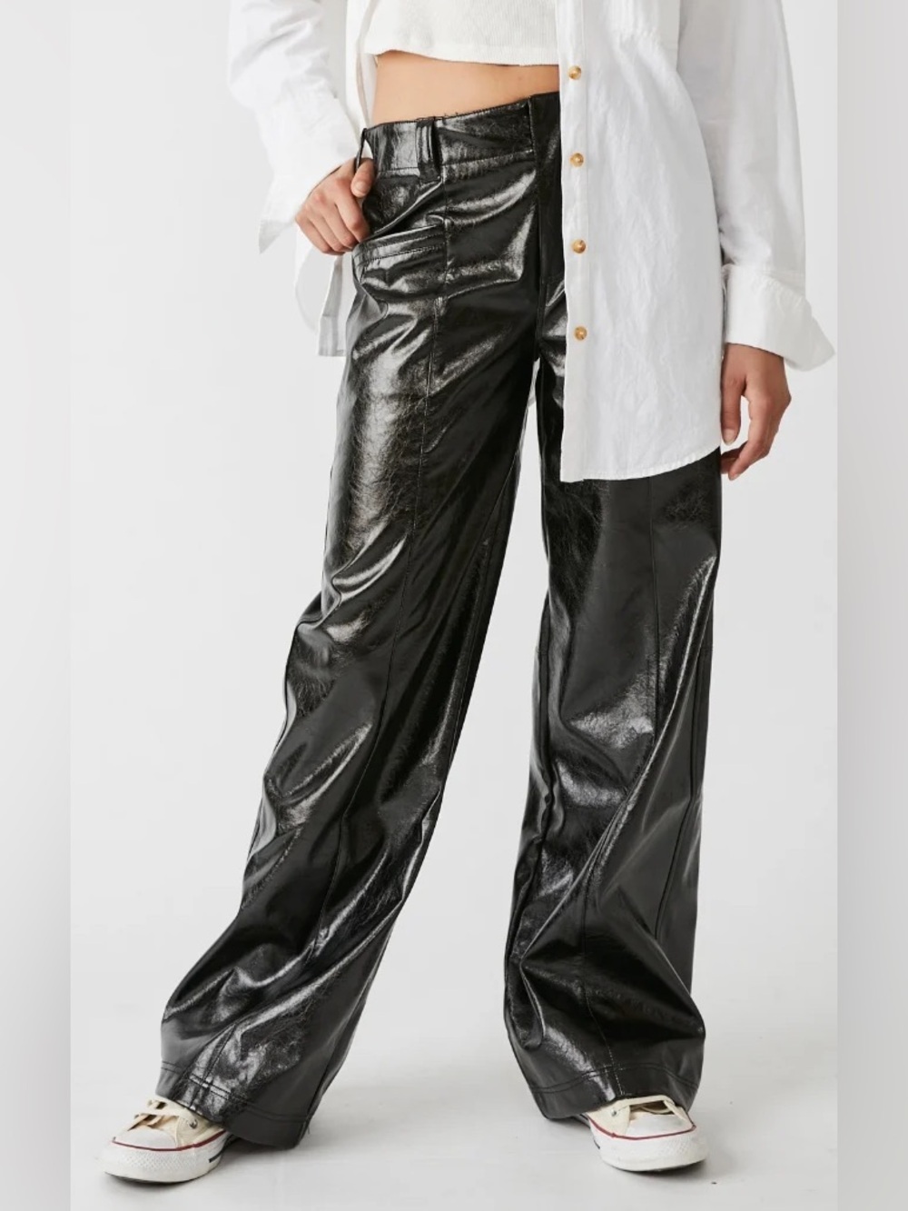 Free People Star-Crossed Lovers Vegan Leather Wide Leg Pants Sz 6 Black